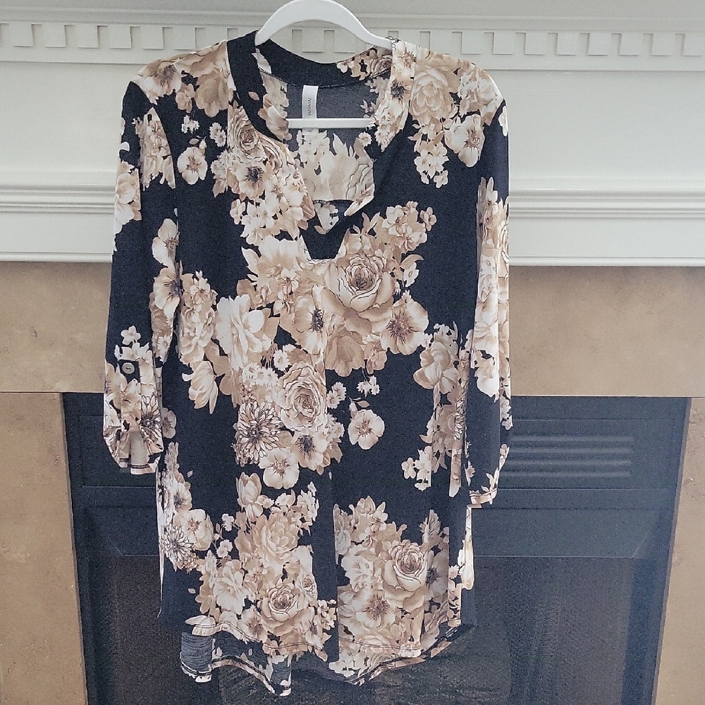 Honeyme Black Tunic Top with Beige Floral Print